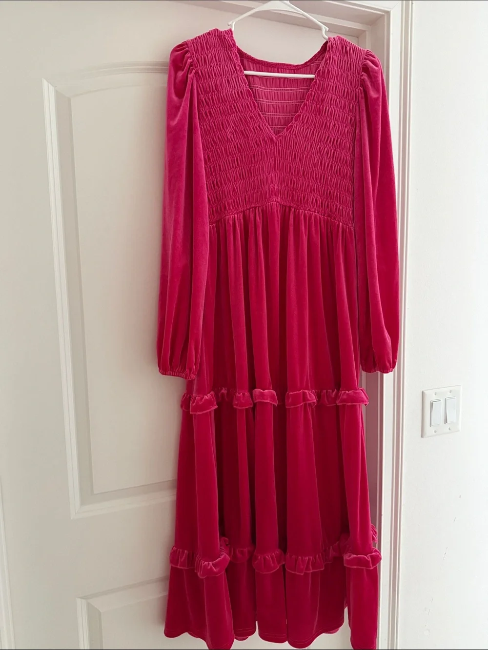 Girls' Fuchsia Smocked Velvet Long Sleeve Dress